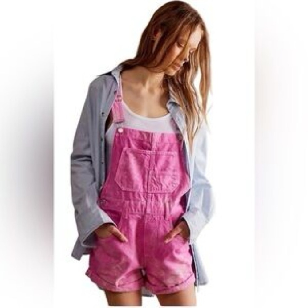 Free People Bubblegum Pink Denim Short Overalls